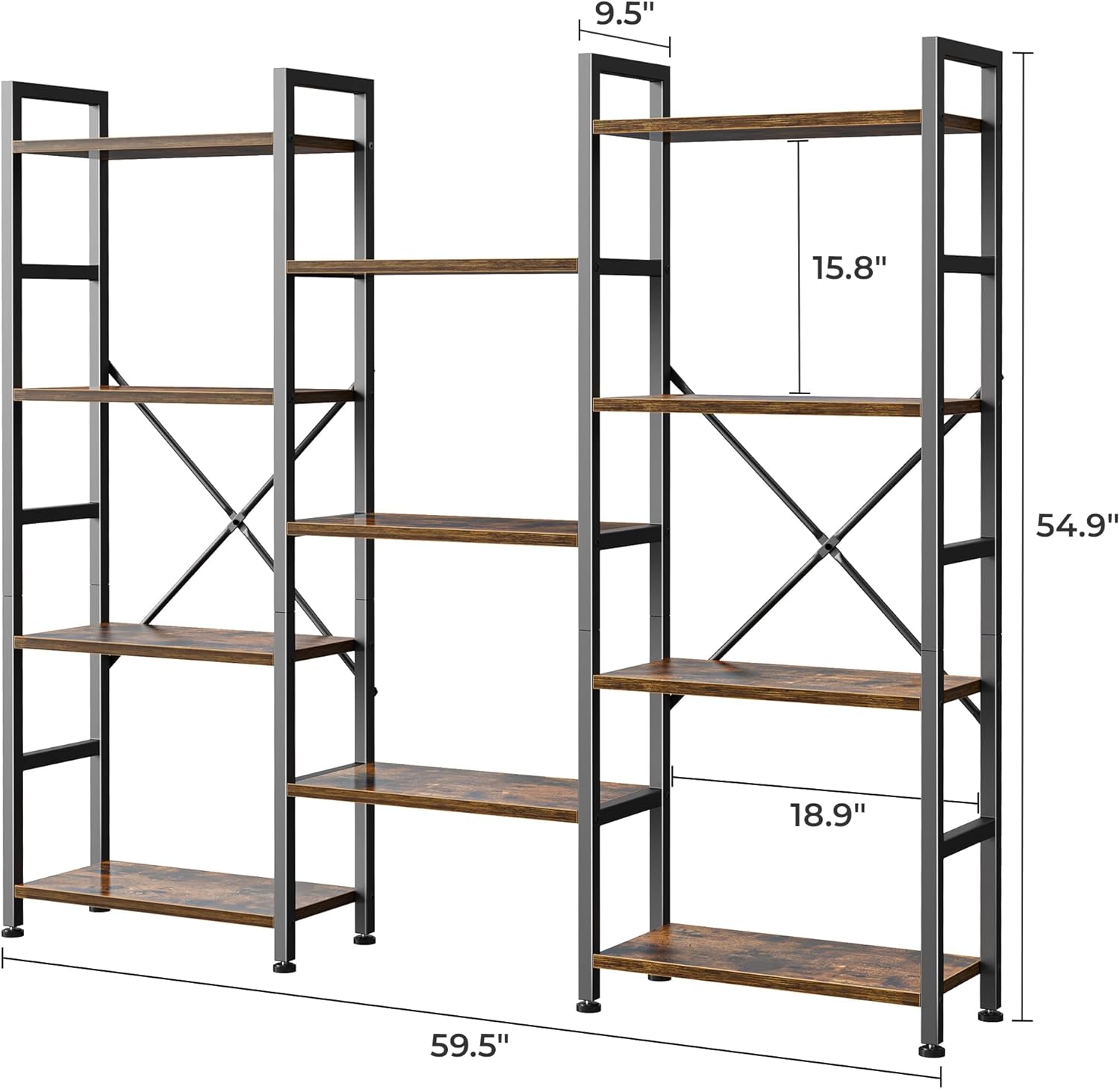 SUPERJARE Triple Bookshelf, Bookcase with 11 Open Display Shelves, Wide Book Shelf Book Case for Home & Office, 4 Tier, Brown