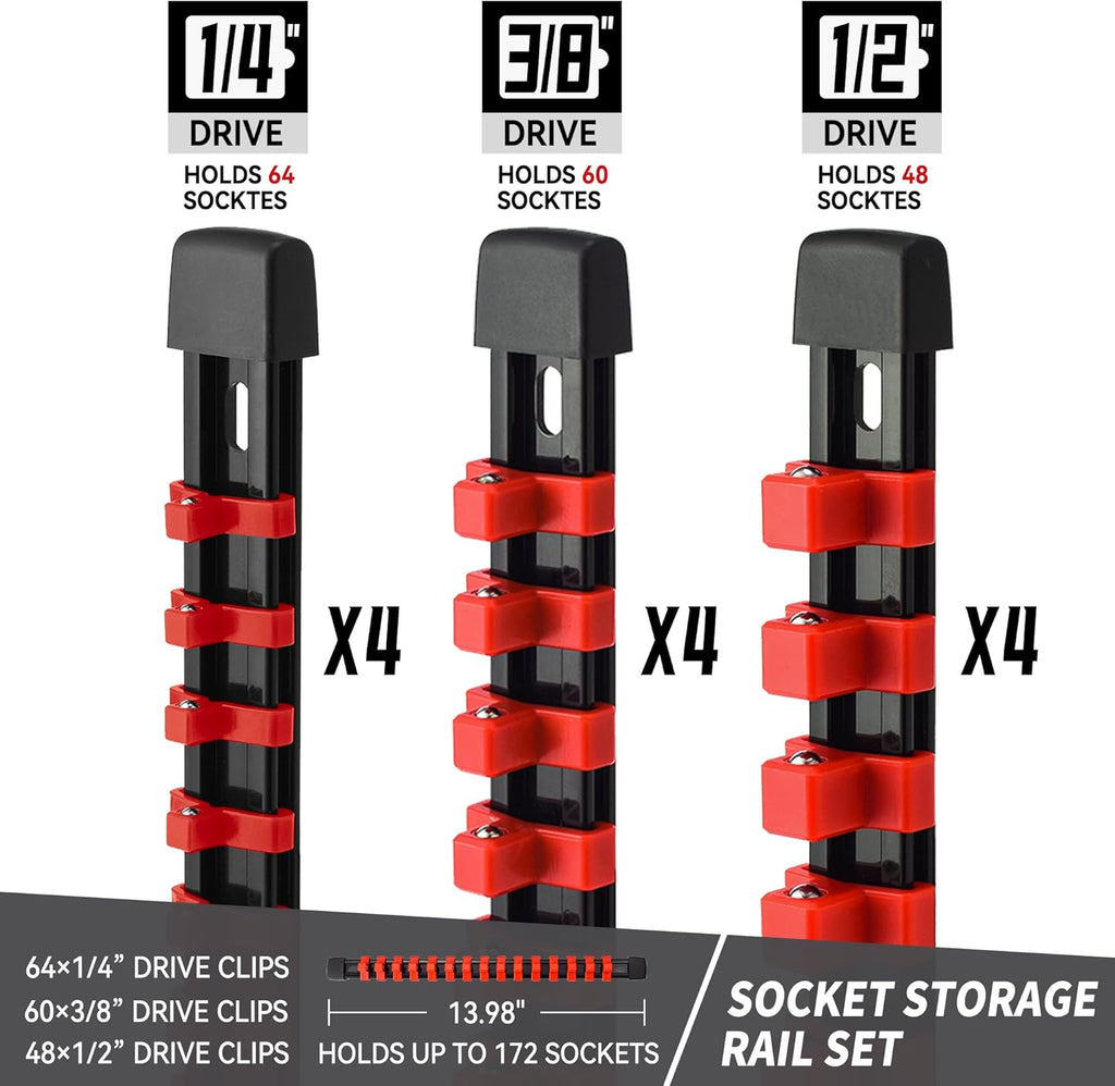 Socket Organizer Drive ABS Tools - Red Socket Holder, Premium Quality 12 Pieces Socket Holders Kit 1/4-Inch x 64 Clips, 3/8-Inch x 60 Clips, 1/2-Inch x 48 Clips（12PC,Red)