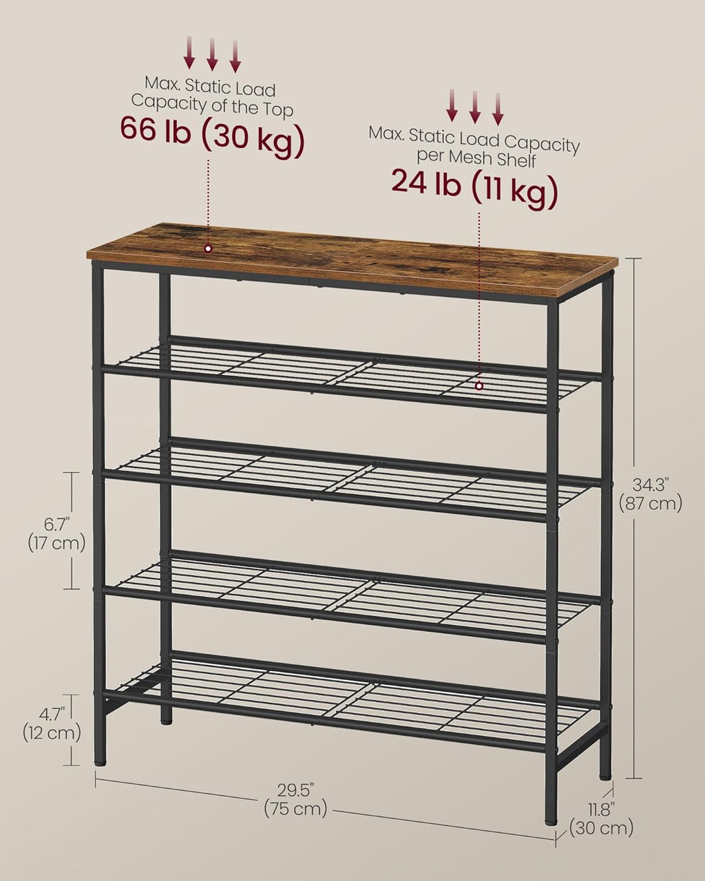 VASAGLE Shoe Rack, Shoe Storage Rack for Closet, Entryway, Living Room, Free Standing Metal Organizer Shelf, 5 Tiers, 11.8 x 29.5 x 34.3 Inches, for 18–24 Pairs, Rustic Brown and Ink Black ULBS050KD01