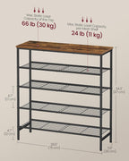 VASAGLE Shoe Rack, Shoe Storage Rack for Closet, Entryway, Living Room, Free Standing Metal Organizer Shelf, 5 Tiers, 11.8 x 29.5 x 34.3 Inches, for 18–24 Pairs, Rustic Brown and Ink Black ULBS050KD01