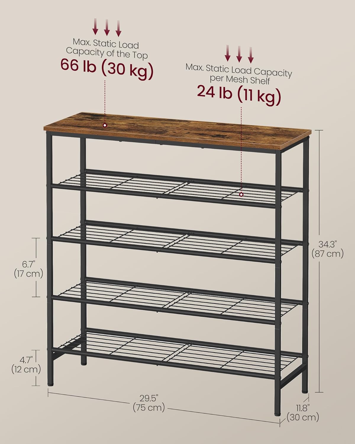 VASAGLE Shoe Rack, Shoe Storage Rack for Closet, Entryway, Living Room, Free Standing Metal Organizer Shelf, 5 Tiers, 11.8 x 29.5 x 34.3 Inches, for 18–24 Pairs, Rustic Brown and Ink Black ULBS050KD01