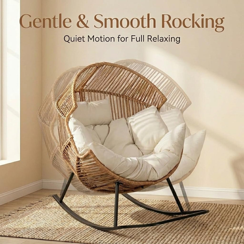 Oversized Outdoor Rocking Chair, Wicker Egg Patio Lounge Chair Basket Seat wi...