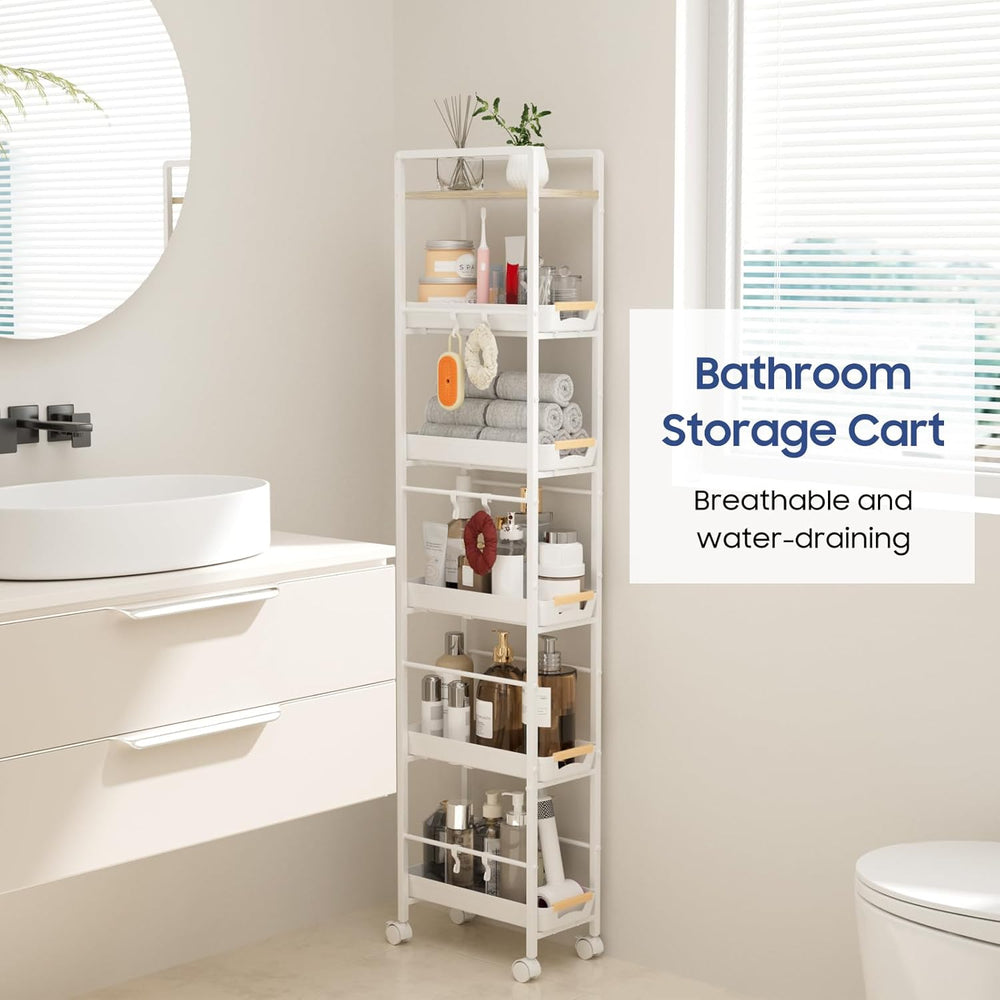 6 Tier Slim Storage Cart with Pull-Out Baskets Rolling Cart with Wheels Wood ...