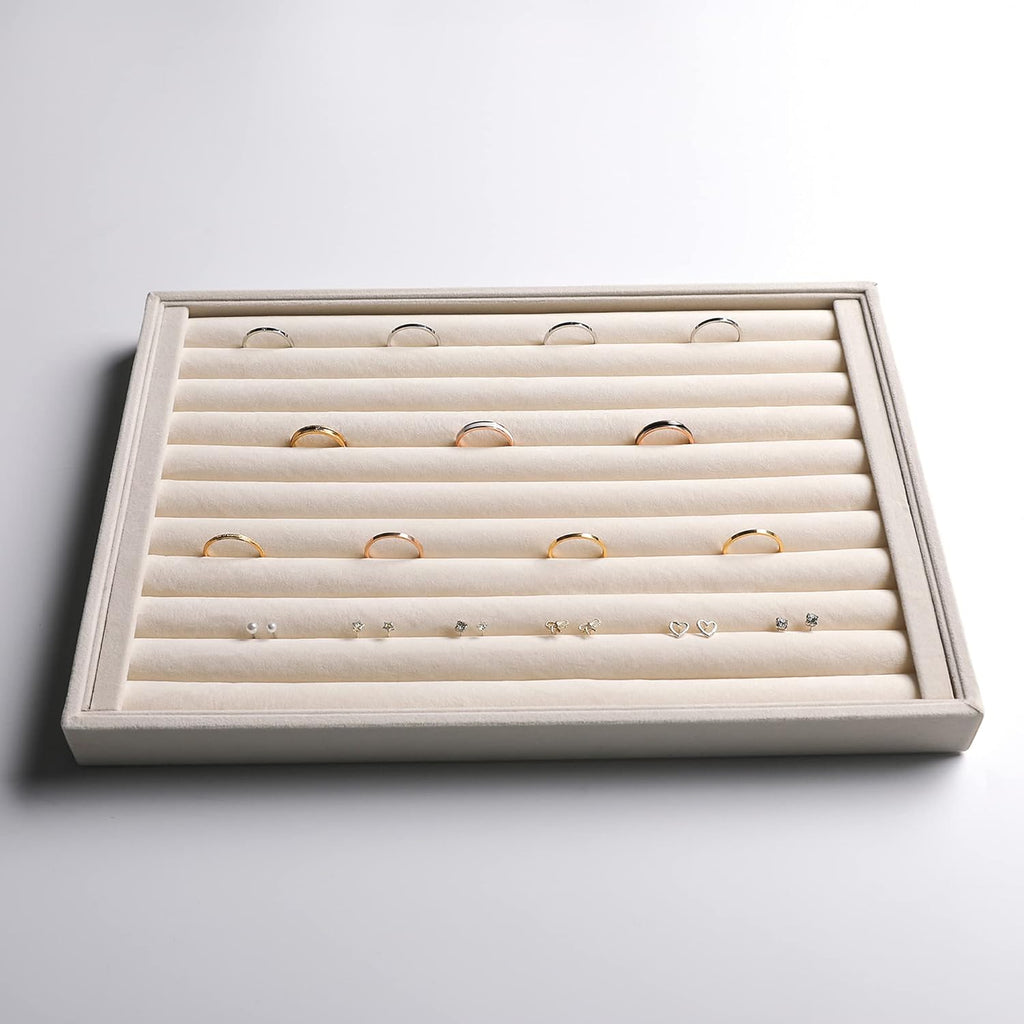Frebeauty Stackable Velvet Jewelry Organizer Trays for Drawers Inserts Jewelry Storage Tray Display Case Earrings Bracelets Necklace Rings Accessories Trays for Women Girls(Set of 4)（Beige