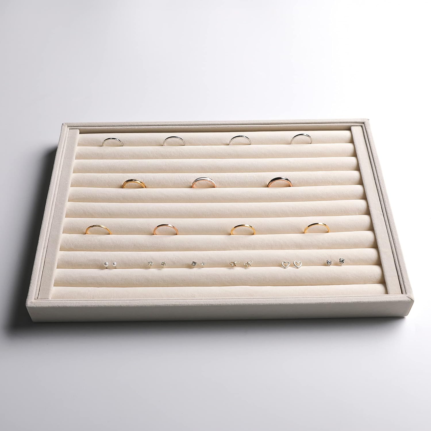 Frebeauty Stackable Velvet Jewelry Organizer Trays for Drawers Inserts Jewelry Storage Tray Display Case Earrings Bracelets Necklace Rings Accessories Trays for Women Girls(Set of 4)（Beige