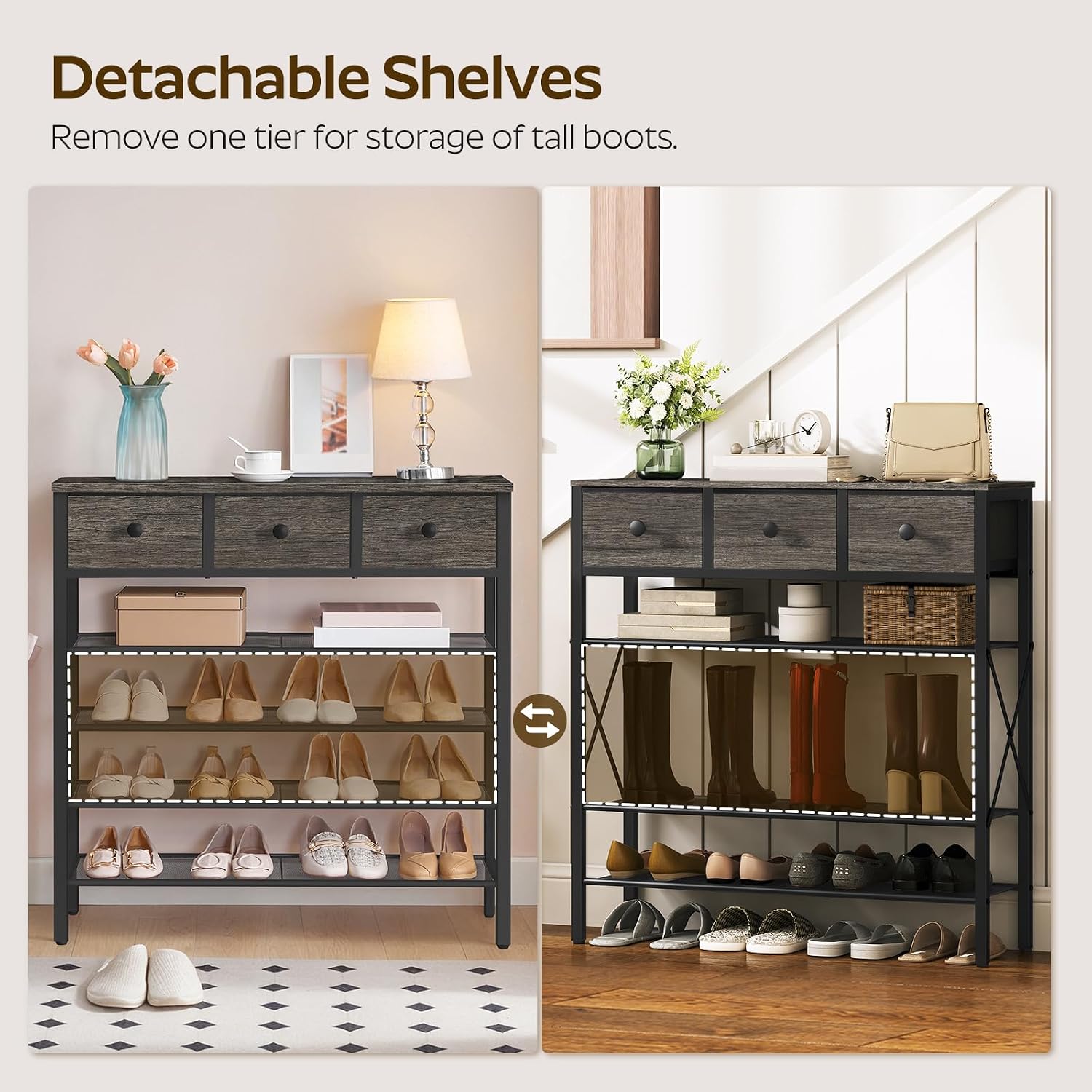 5-Tier Shoe Rack with 3 Drawers, Metal Shoe Organizer for 20 Pairs with Storage Shelves and Wooden Top, for Entryway, Hallway, Foyer, Closet, Charcoal and Black SS35BC