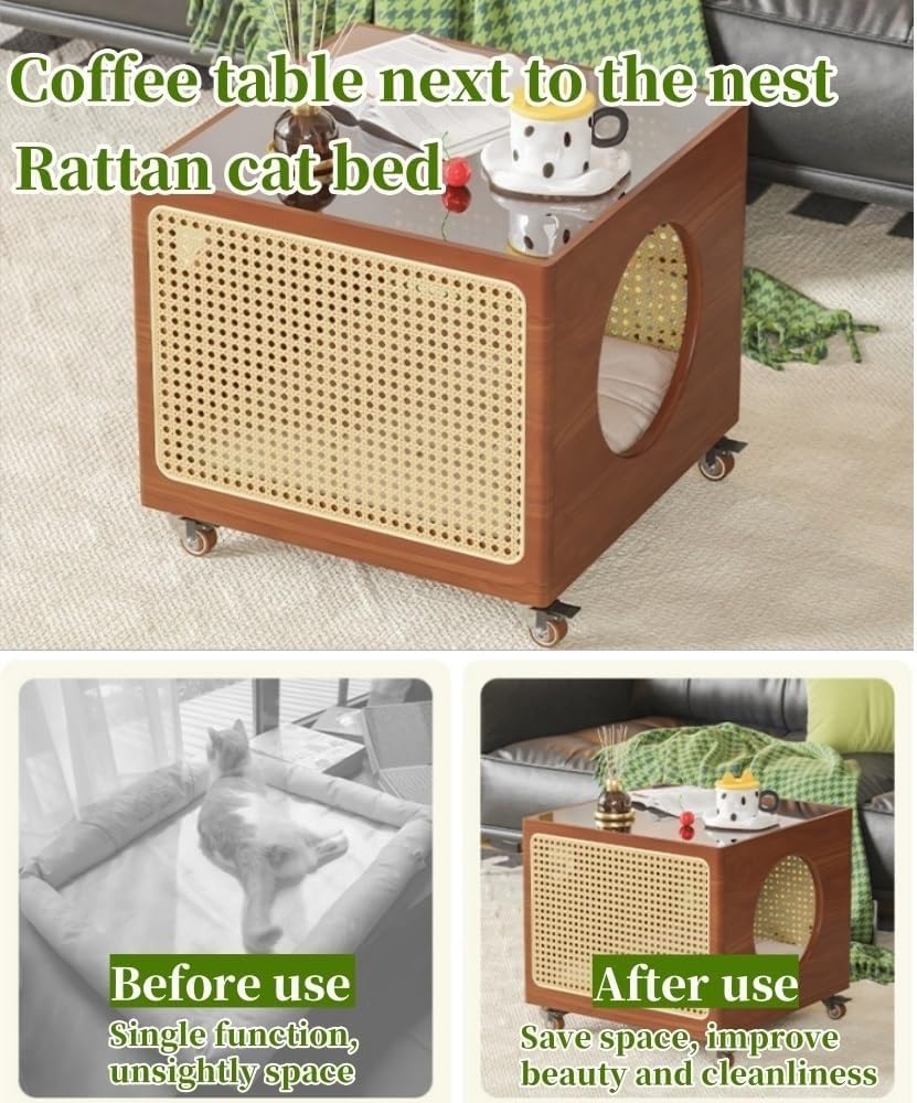 2-in-1 Cat Coffee Table Wood Rattan Side Cabinet with Glass Top Wheels Shared...