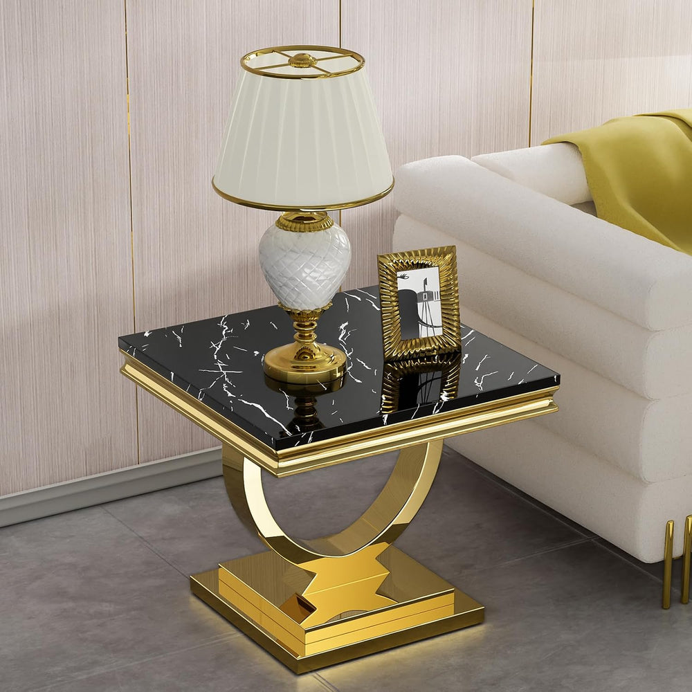 Modern Marble End Table, 22.8" Square Black Side Tables with Gold Stainl...