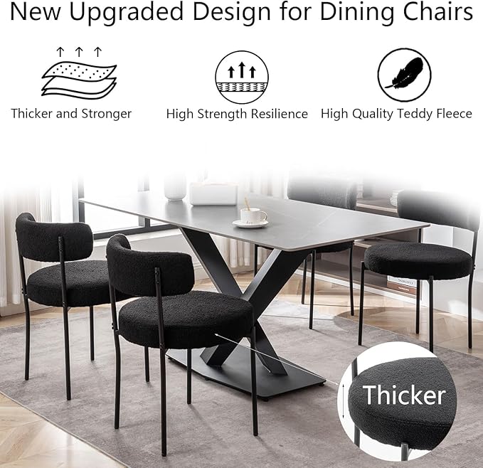 Black Boucle Dining Chairs Set of 4, Upholstered Dining Chairs with Black Met...