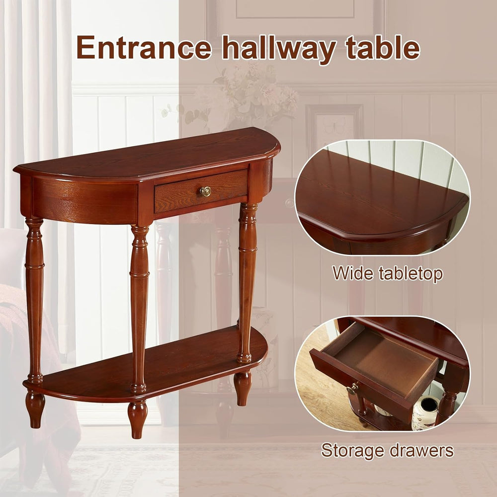 Half Moon Console Table, Solid Wood Console Tables with Drawer and Shelf, for...