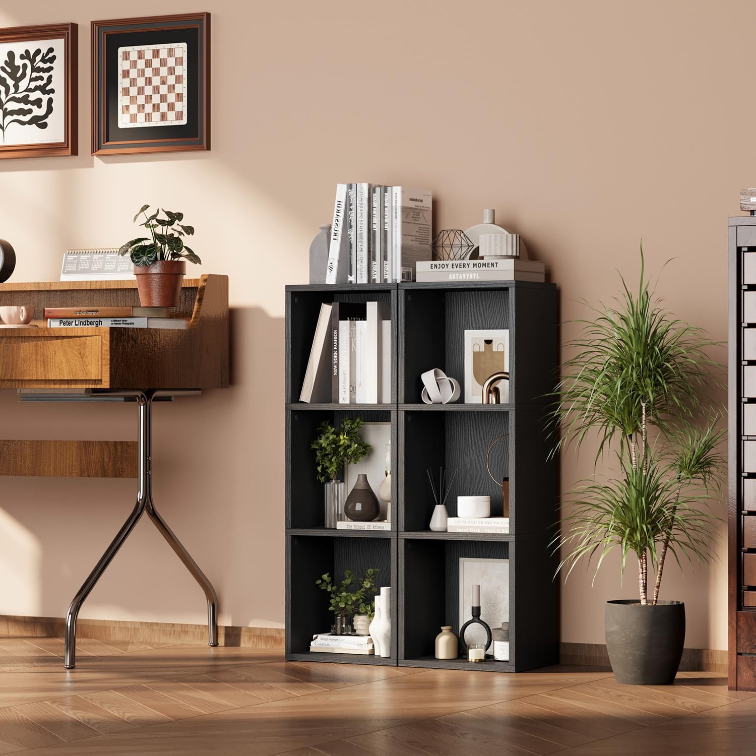 oneinmil Small Narrow Bookshelf, 3-Tier Cube Display Rack, Modern Corner Bookshelf with Storage Space, CD Storage Cabinet for Home Office (Black 1 Pack, 3-Tier)