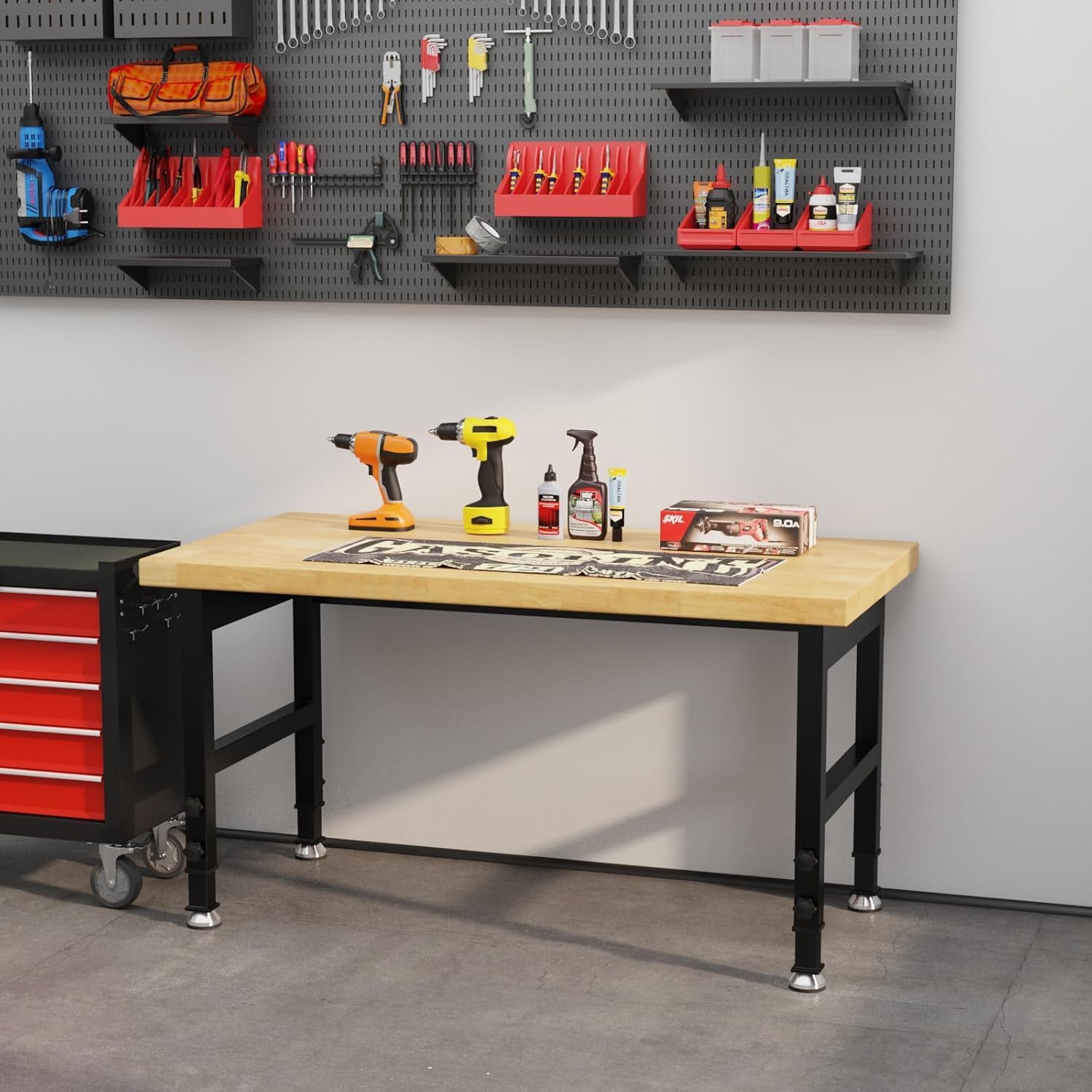 48" Work Bench, Adjustable Height Workbench, Heavy-Duty Thicker Work Table, 2000 LBS Load Capacity Workstation for Garage, Workshop, Office, Home