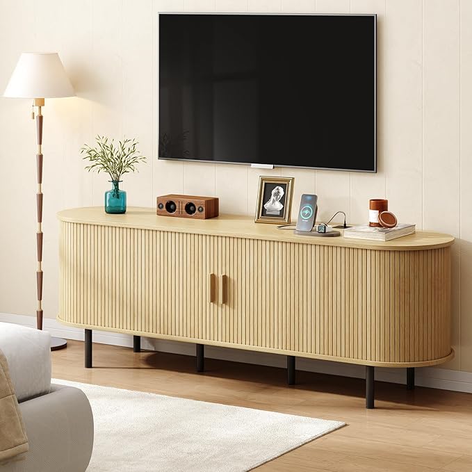 ONBRILL 70.8" TV Stand with Power Outlet for TVs up to 75 Inch, Entertainment Center with Storage and Adjustable Shelves, Modern Media Console with Sliding Doors for Living Room, Oak