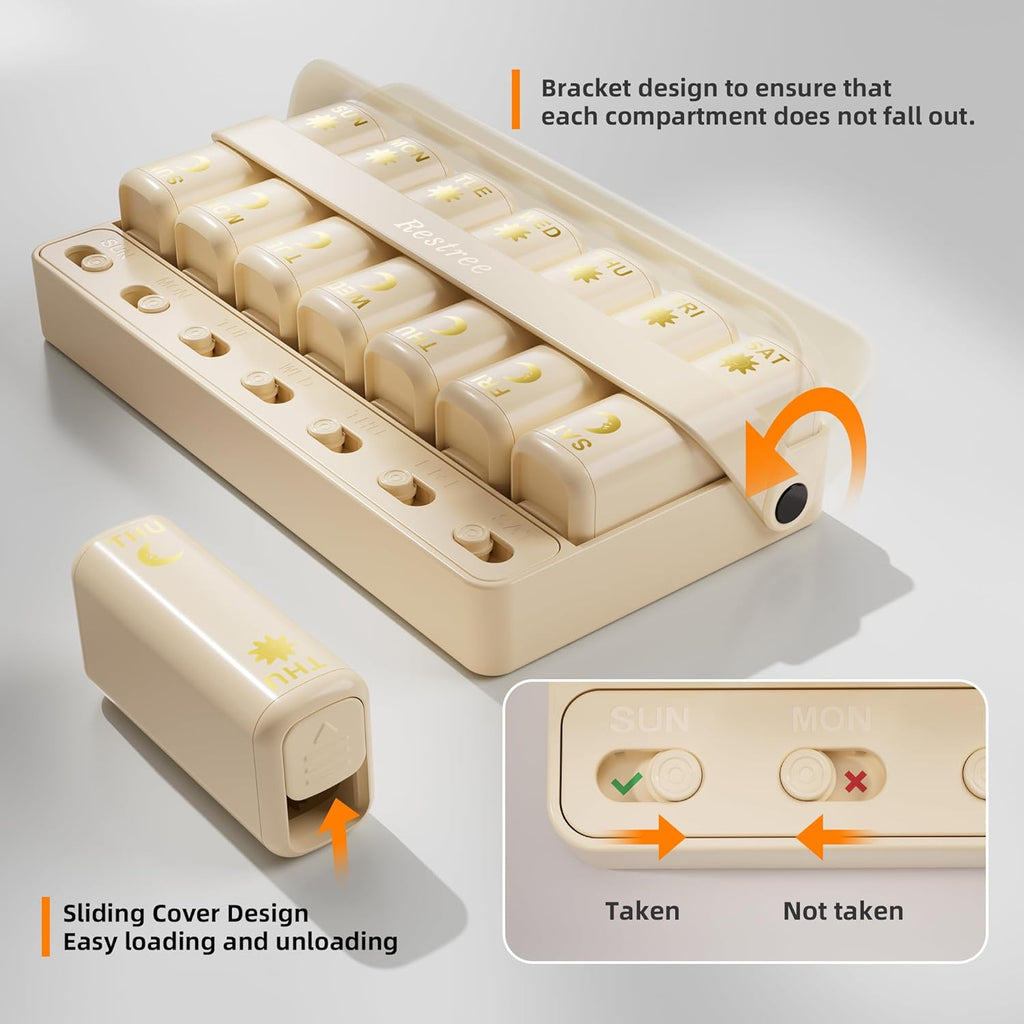 Restree Weekly Pill Organizer Two Time a Day, 7 Day Travel Pill Box, Daily Medicine Organizer, AM&PM Portable Pill Case for Vitamins Fish Oil/Supplements Medication Reminder Design (Beige)
