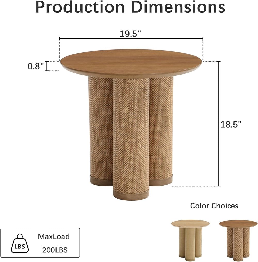 20" Round Walnut Wood End Table, Modern Side Table with 3 Textured Cylin...