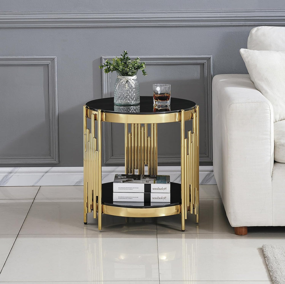 Luxury Glass Circular Coffee Table Set of 3, Black Glass Coffee Table and 2 B...