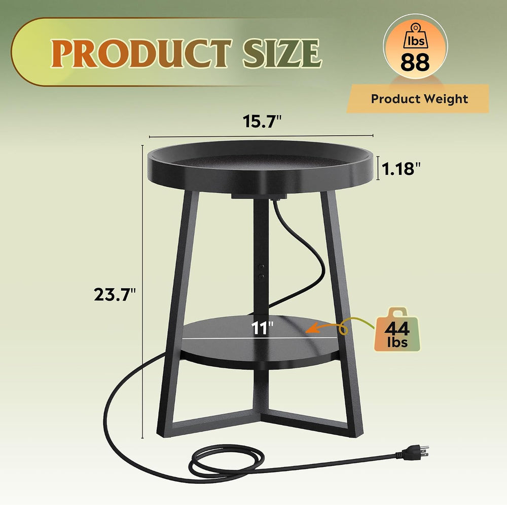 WLIVE Small Round Side Table with Charging Station, Round Coffee Table, 2 Tie...
