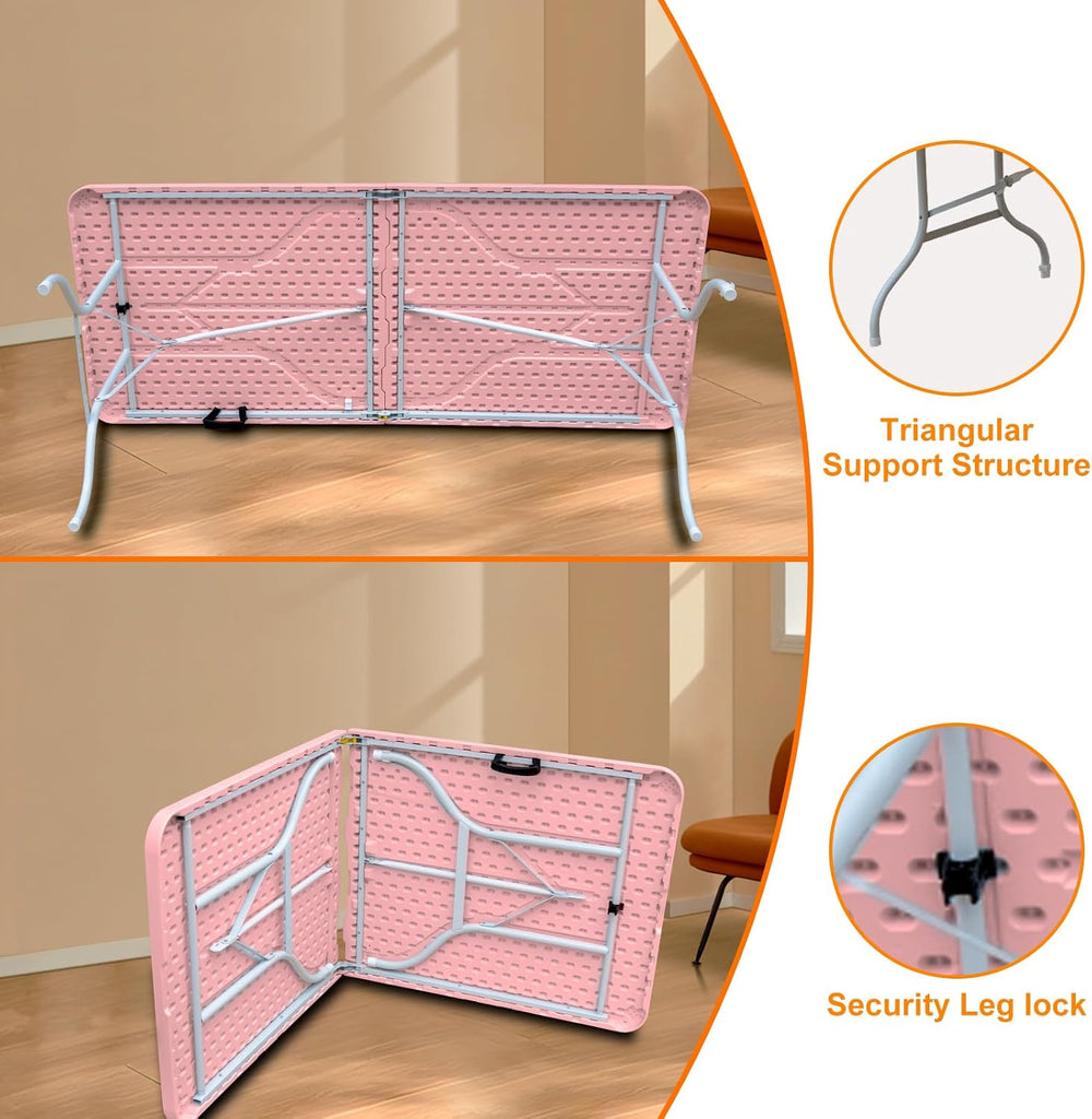 6 FT Folding Table with Carry Handle, Portable Fold-in-Half Plastic Table, Re...