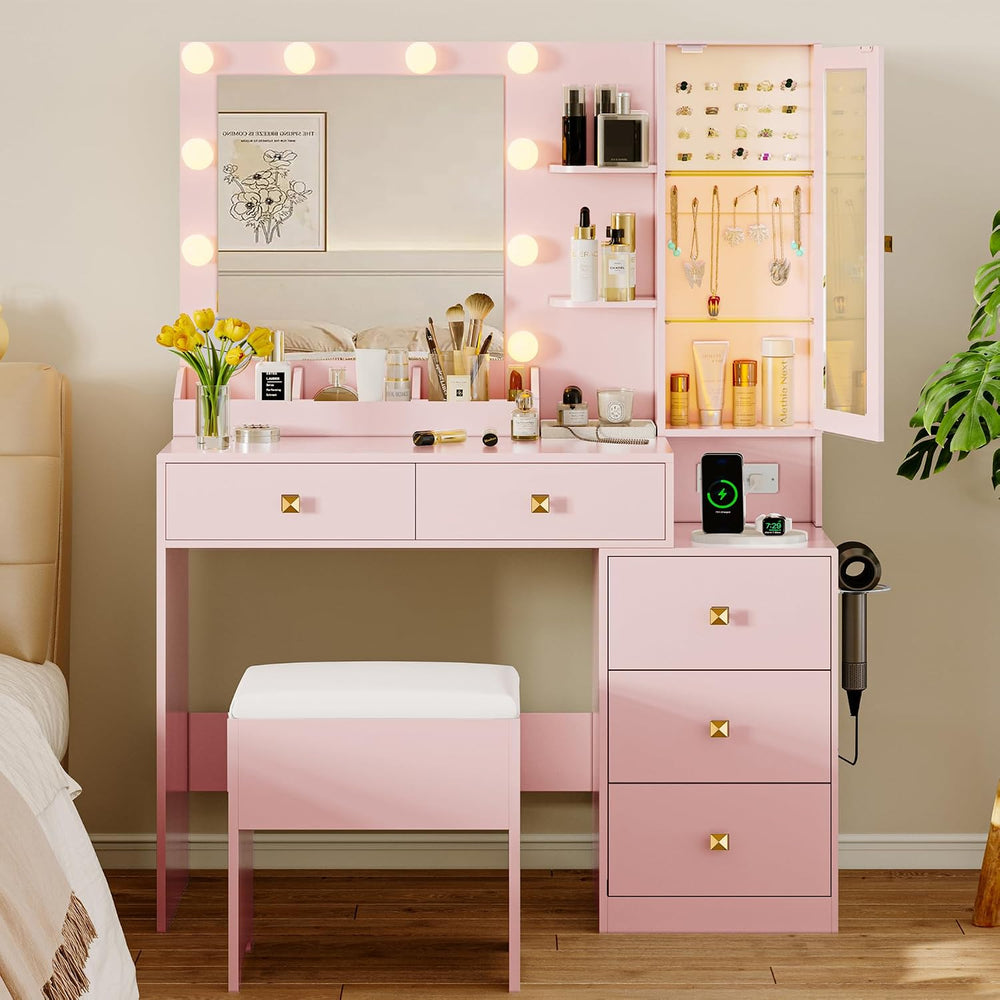 Vanity Desk with Mirror and Lights, Makeup Vanity Table Set with 5 Storage Dr...