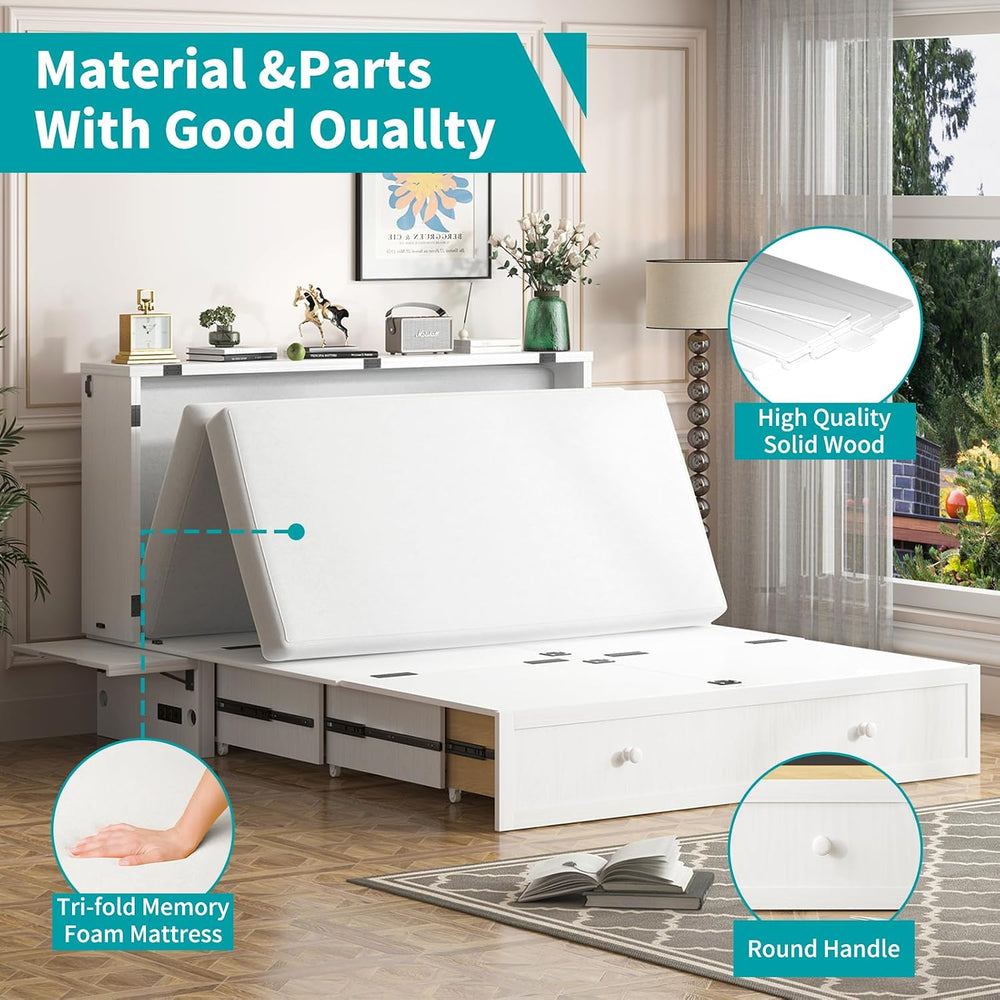BALUS Queen Murphy Bed, Cabinet Murphy Bed with Large Storage Drawer-White | ...