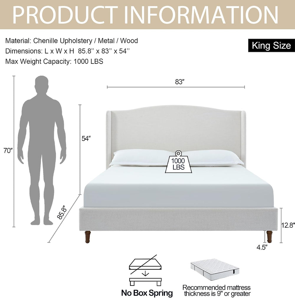 Upholstered Platform Wingback Bed Frame with 54" High Headboard, Solid W...