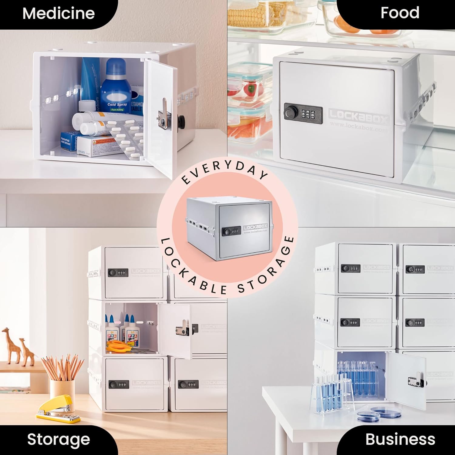 Lockabox One™ | Premium Lock Box | Medium Combination Lock Box For Food, Medicine & Home Safety | External Size 12 x 8 x 6.6 inches (Opal White)