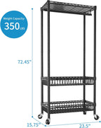 Heavy Duty Clothes Rack Rolling Garment Rack,Adjustable Wire Shelving Clothing Racks for Hanging Clothes with Hanger&Double Basket,Freestanding Metal Wardrobe Storage Portable Closet