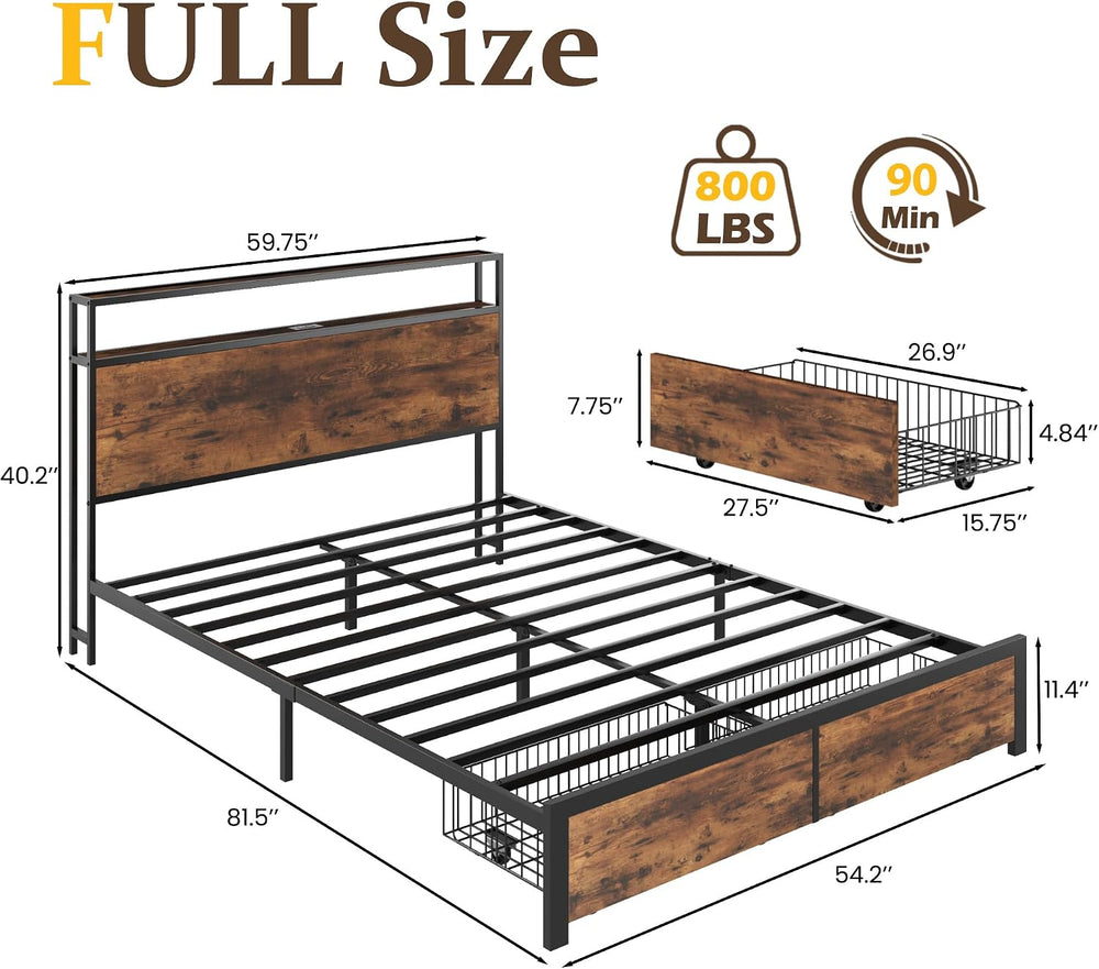 Full Bed Frame with Charging Station, LED Lights, 2 Drawers, Rustic Brown