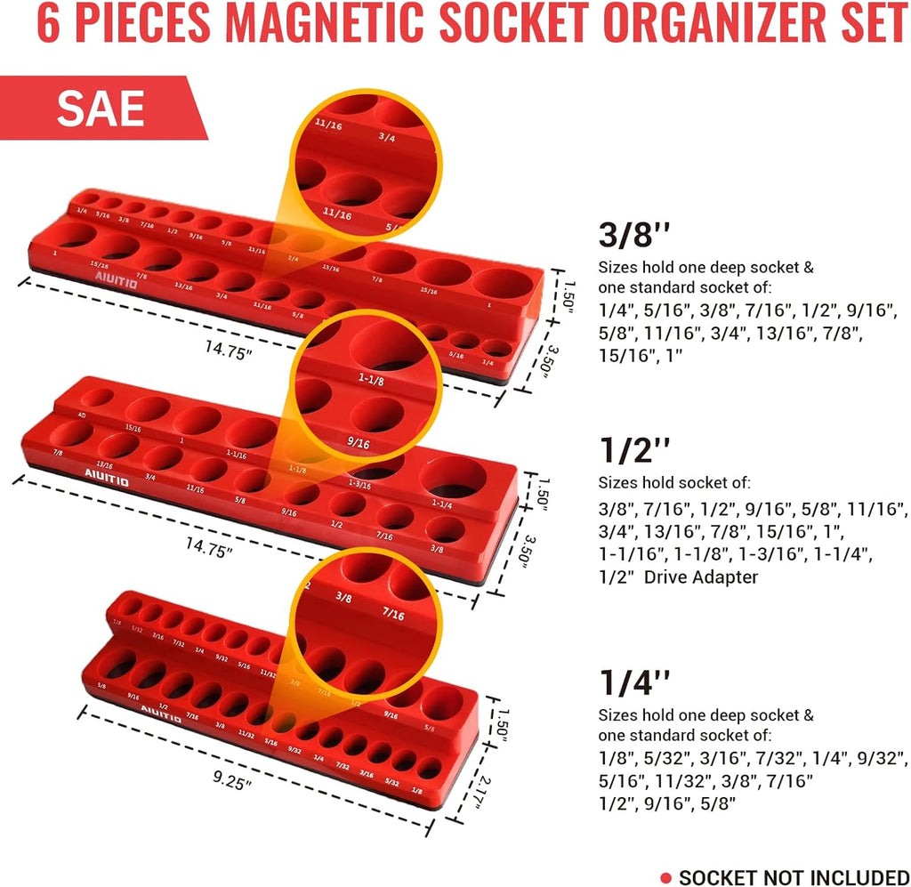 6-Piece Magnetic Socket Organizer Set, Magnetic Socket Holder Includes 1/4", 3/8", 1/2" Drive Metric SAE Socket Trays,Holds Standard and Deep Sockets (6-Piece Magnetic Socket Organizer)
