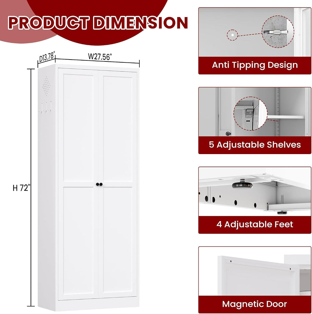 AQY Metal Pantry Cabinet with Doors & Shelves, 61” Tall White Kitchen Sto...