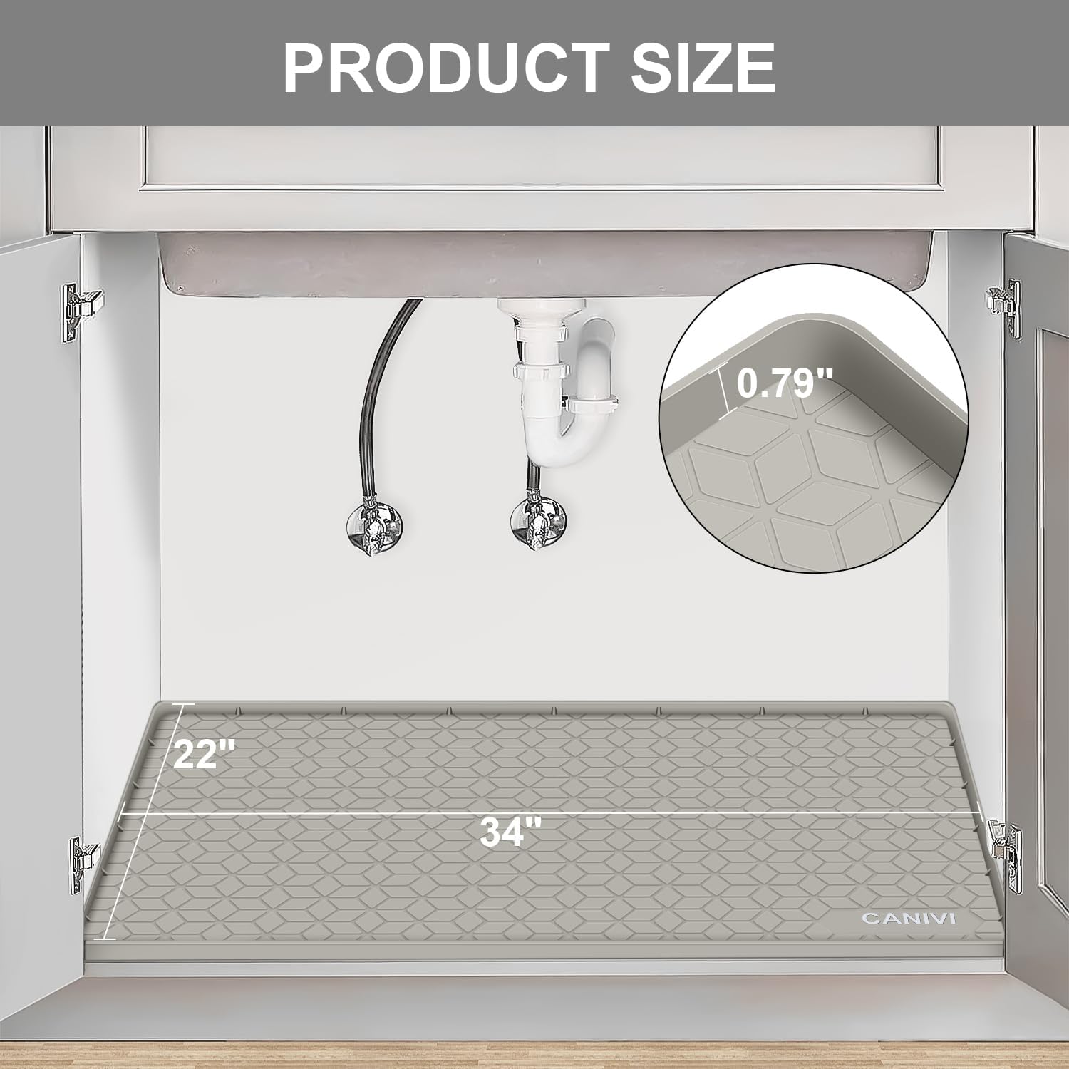 Under Sink Mat, 34" x 22" Waterproof Silicone Under Sink Tray for Kitchen & Laundry Cabinets, Kitchen Cabinet Shelf Protector, Up to 3.3 Gallons Liquid, Fits 36 inch Standard Cabinet(Grey)