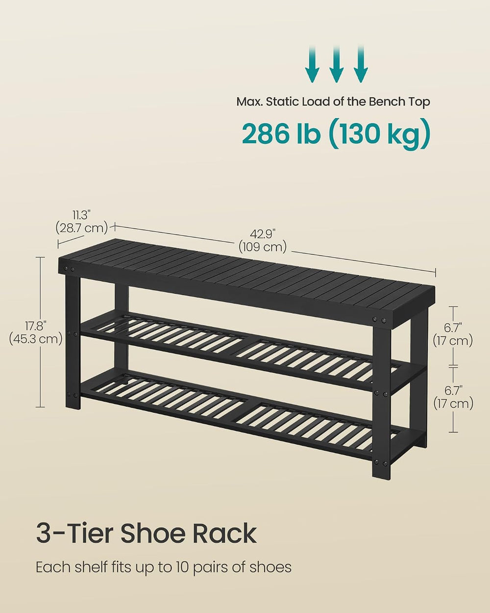 SONGMICS Shoe Rack Bench, 3-Tier Bamboo Shoe Storage Organizer, Entryway Benc...