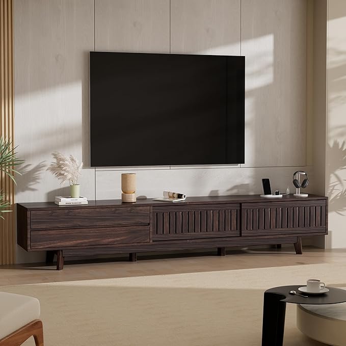 Mid Century Modern TV Stand for 100 Inch TVs, 94.5" Entertainment Center with Storage & Power Outlet, Media Console w/Drawers and Sliding Door, Television Stands for Living Room, Walnut