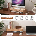 KIRIGEN Wood Monitor Stand with 2 Drawers - Computer Arm Riser Desk Storage Organizer,Speaker TV Laptop Printer Stand with Pen Slot and Cable Management,2-Tier Desktop Shelf NA-2PMJ