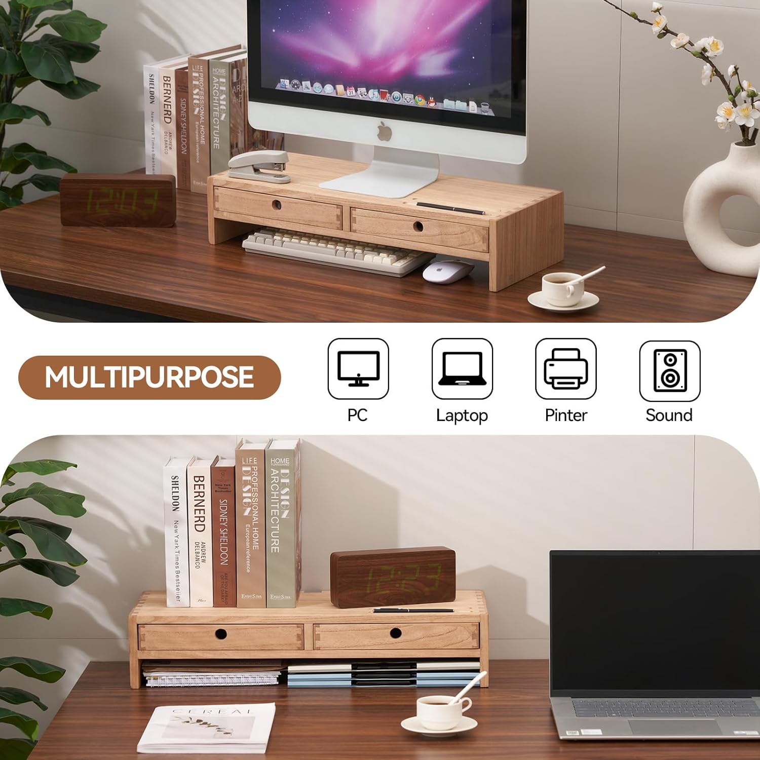 KIRIGEN Wood Monitor Stand with 2 Drawers - Computer Arm Riser Desk Storage Organizer,Speaker TV Laptop Printer Stand with Pen Slot and Cable Management,2-Tier Desktop Shelf NA-2PMJ