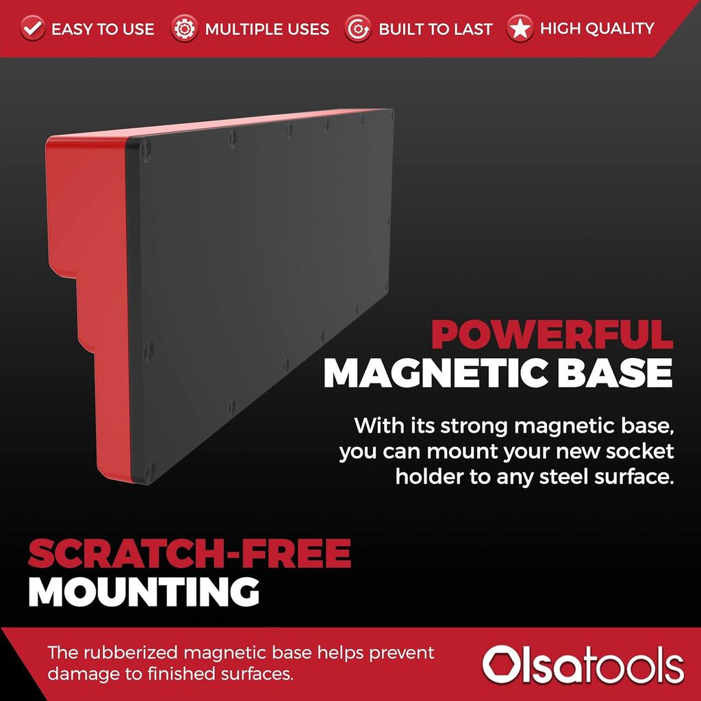 Olsa Tools Magnetic Socket Organizer (3/8-Inch Drive, 3 Row) - Magnetic Tool Organizer & Holder - SAE Red - Holds 39 Sockets - Professional Grade - Part: 1547