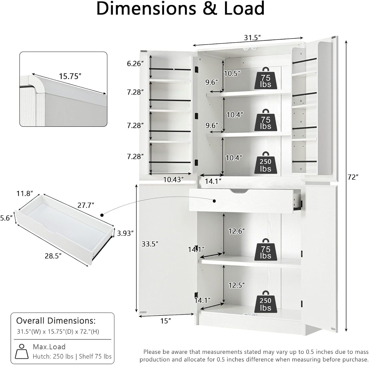 72" Tall Kitchen Pantry Cabinet, Storage Cabinet with 8 Door Shelves, Hidden Drawer, 3 Adjustable Shelves, Farmhouse Kitchen Cabinet for Dining Room, Bathroom, Living Room