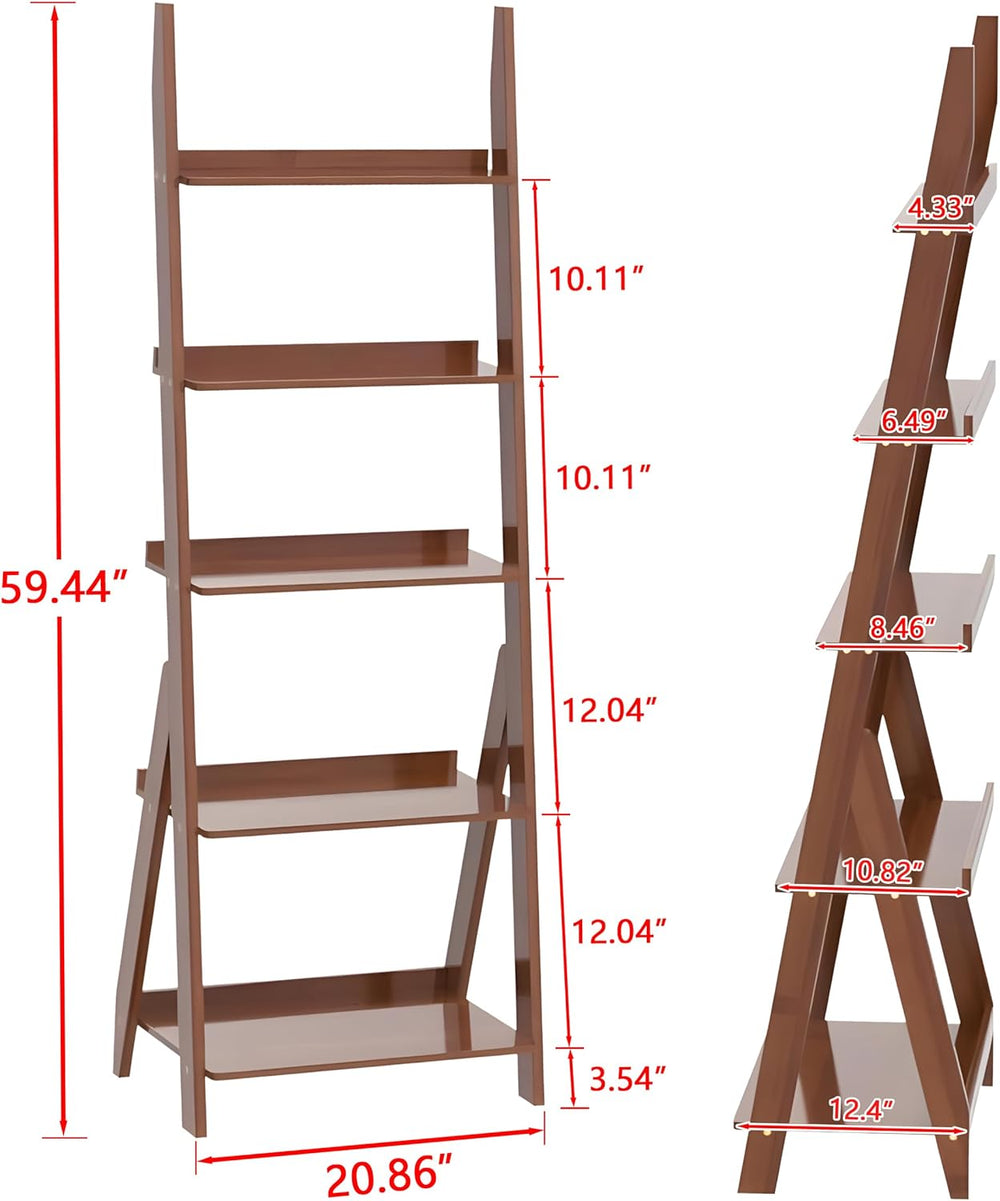 DOUSY-5-Tier Ladder Shelf Bookcase, Bamboo Ladder Bookshelf Leaning Book Shel...