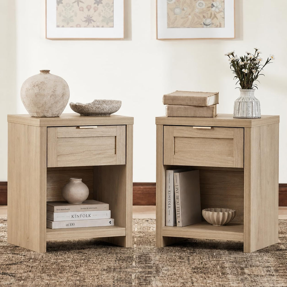 Walsham Natural Nightstands, Light Weathered Oak, 2 Set | Boho Bed Side Table...