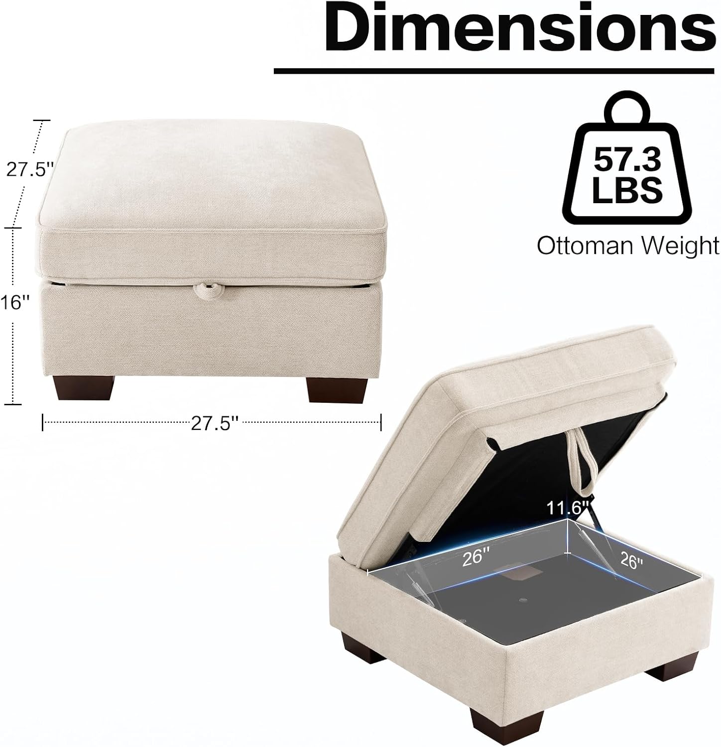 TEKAMON 27.5" Storage Ottoman, Square Footrest with Sponge Padded Seat, Chenille Fabric Step Stool for Sofa, Bedroom, Living Room, Entryway, Modern Change Shoes Stool, Wood Legs, (Beige)