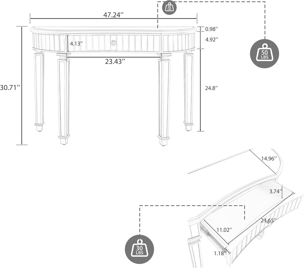 Half-Moon Mirrored Sofa Table with Storage, Semi Circle Entryway Console Tabl...