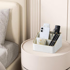 Remote Control Holder with 4 Compartments, PU Leather Small Nightstand Organizer for Home Desk Accessories Office Supplies, Multifunctional Stylish Small Bedside Desktop Organizers (White)