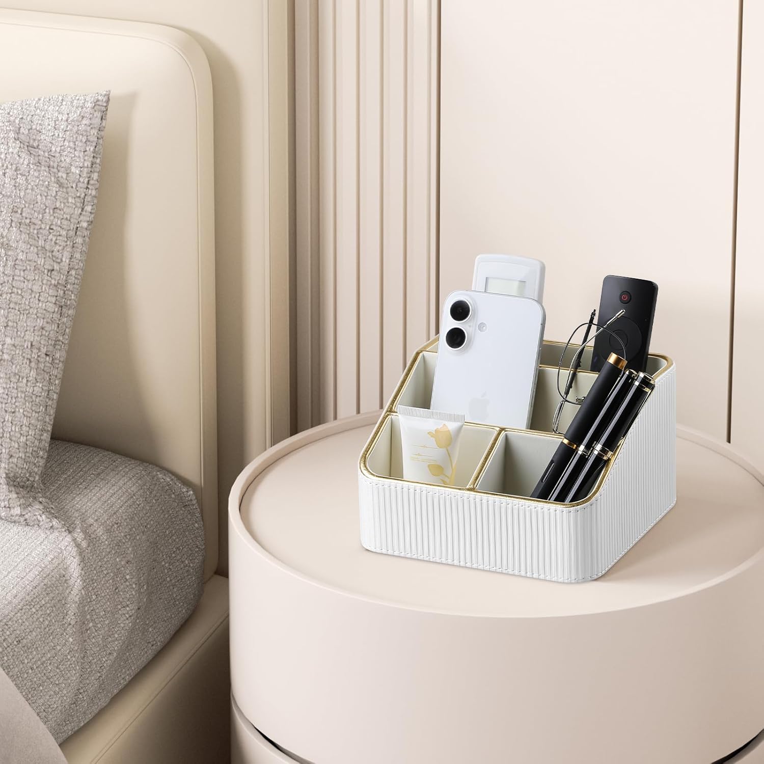 Remote Control Holder with 4 Compartments, PU Leather Small Nightstand Organizer for Home Desk Accessories Office Supplies, Multifunctional Stylish Small Bedside Desktop Organizers (White)