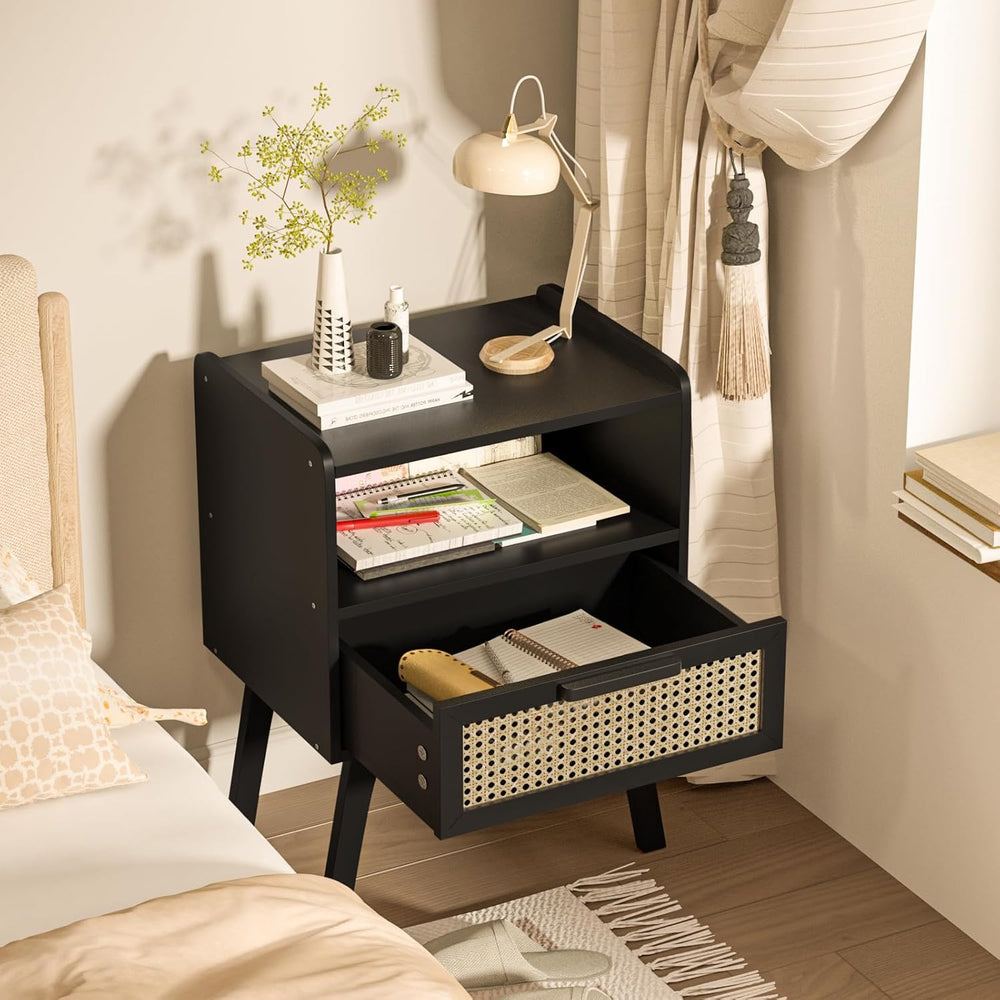 Lerliuo Rattan Nightstands Set of 2, Bedside Table with Drawer Open Shelf