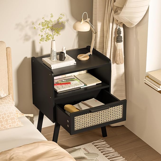 Lerliuo Rattan Nightstand, Bedside Table with Drawer Open Shelf, Cane Accent ...