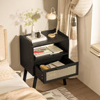 Lerliuo Rattan Nightstand, Bedside Table with Drawer Open Shelf, Cane Accent Side End Table with Solid Wood Legs, Black Mid Century Night Stand for Bedroom, Dorm and Small Spaces