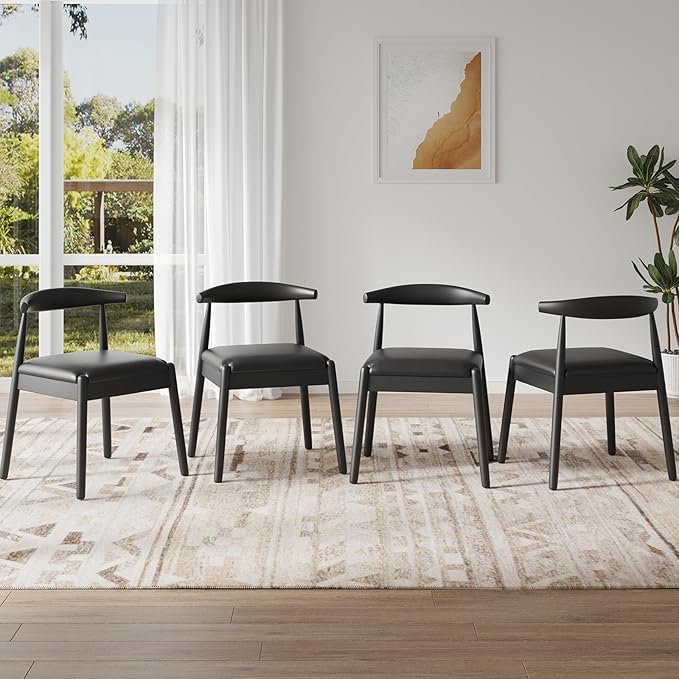 Farini Mid Century Modern Dining Chairs Set of 4, Solid Wood Frame Kitchen Chairs with PU Leather Upholstered Seat for Dining Room & Breakfast Nook,Black-Black