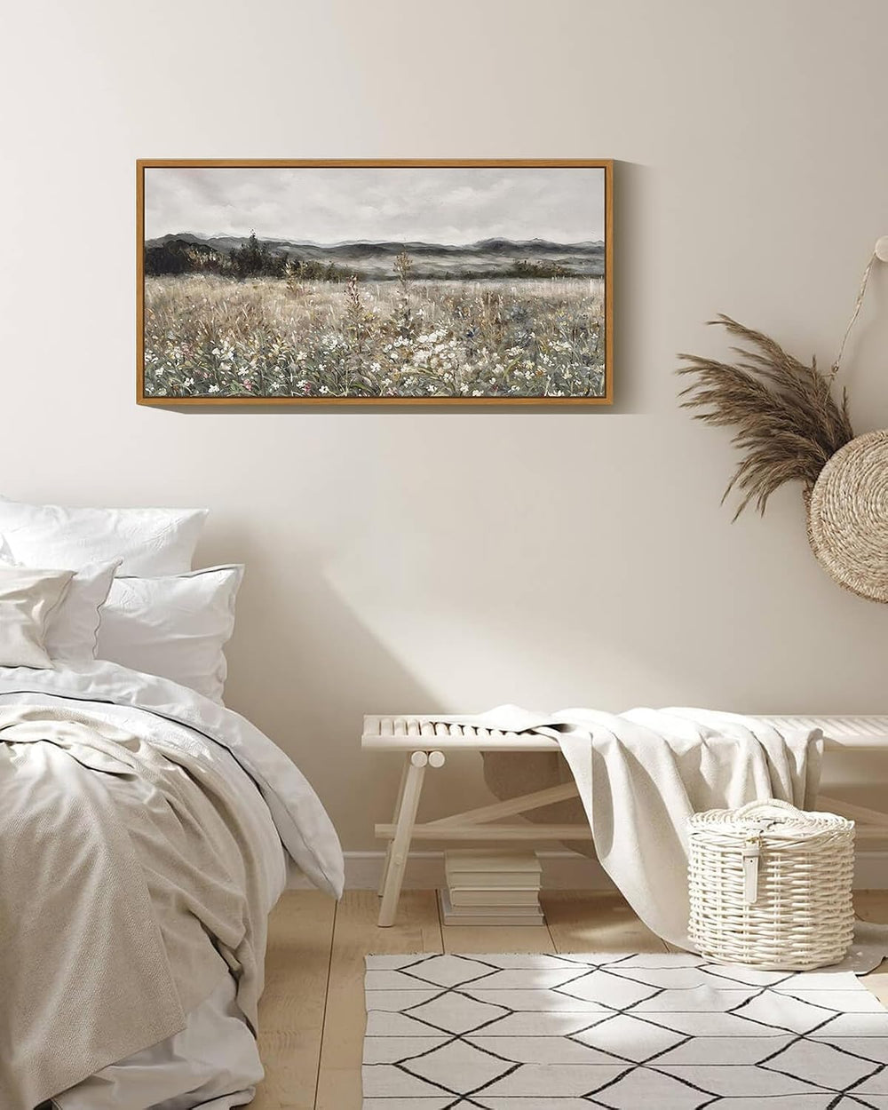 SHENIFY 20x40in Extra Large Vintage Framed Wall Art Meadow with Flowers Lands...