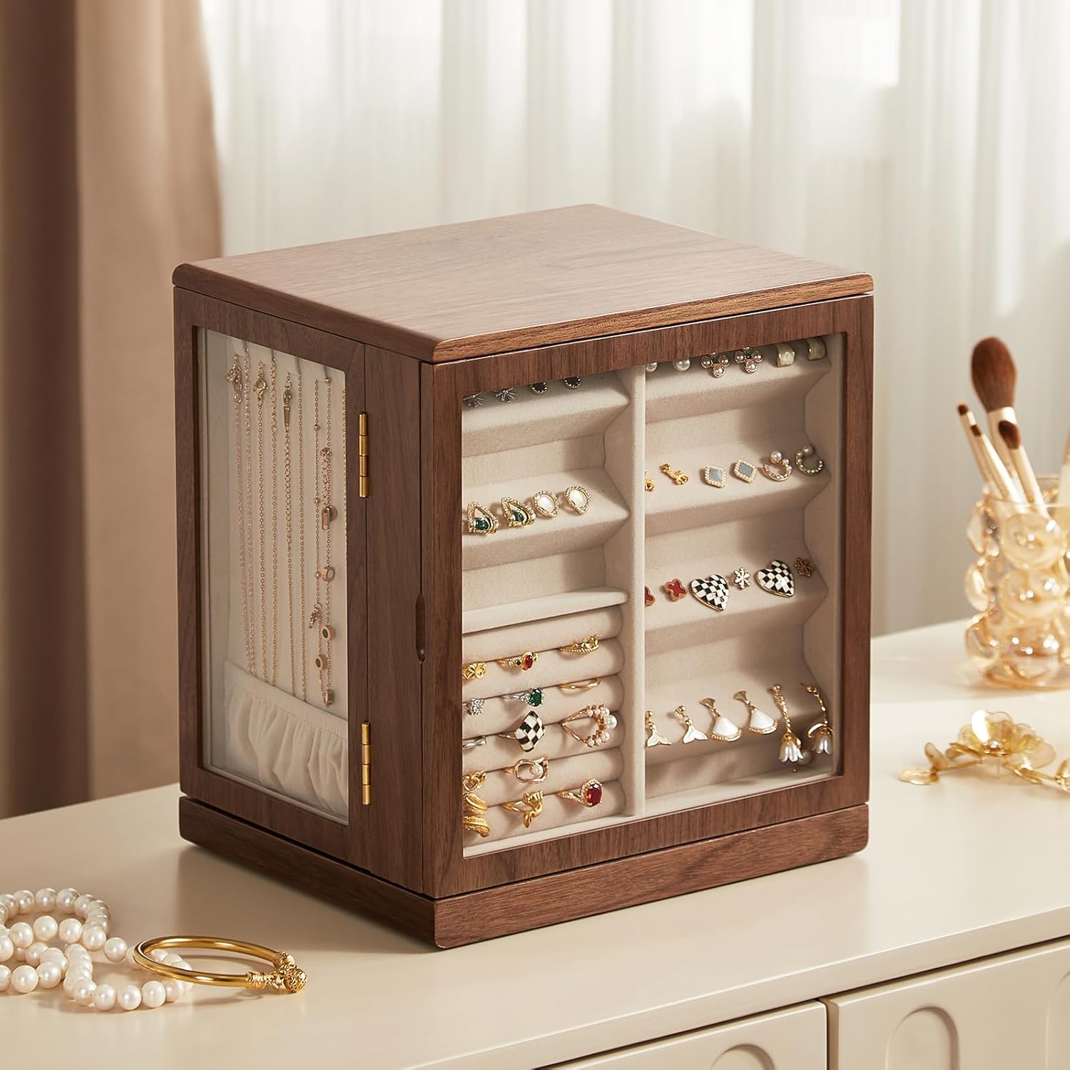 CHOSIN Black Walnut Wooden Jewelry Box, 360° Rotating Organizer with Glass Lid, 5 Drawers for Earrings, Rings, Necklaces – Vertical Jewelry Storage for Women Christmas Gifts