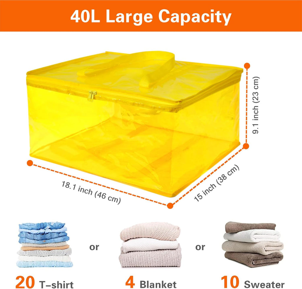 Vieshful 40L Yellow Clear Clothes Storage Bag Colorful Clothes Organizer with Zipper Vinyl Storage Bag for Comforter, Blanket, Bedding, Duvet, Transparent Moving Totes 3 Pack